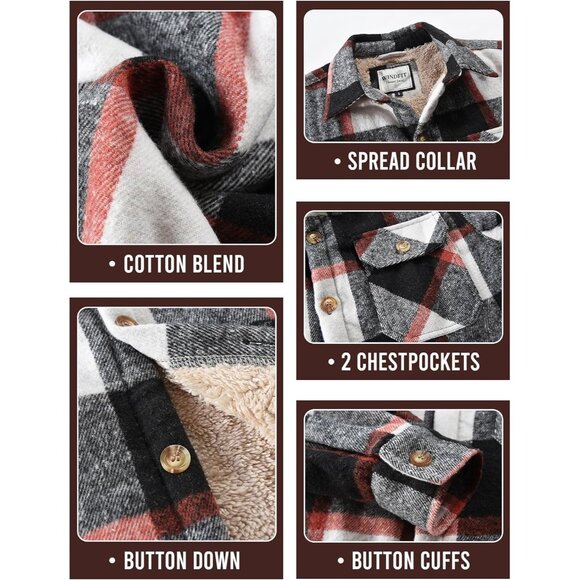 Mens CottonOrangeWhite Sherpa Lined Button Down Flannel Shirt Jacket Plaid Soft. - Picture 8 of 8